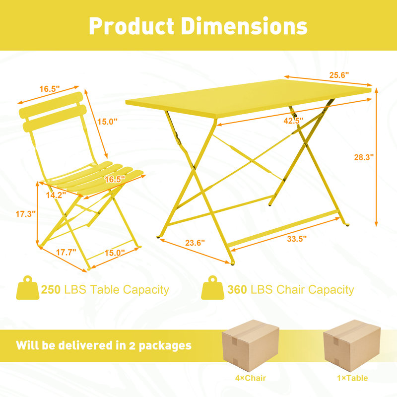 5-piece Foldable Patio Bistro Set With Rectangular Table And Chairs, Weather-resistant Iron Outdoor Dining Set For 4 People, Outdoor Table And Chairs For Patio, Yard, Indoor