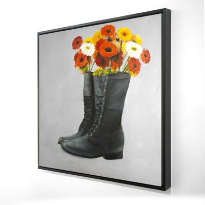 Gray Shoes Bedroom Canvas - Boots Full of Flowers Wall Art