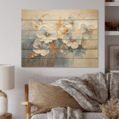 Pensées blanches et bleues, jardin I - Pensées, art sur bois de pin naturel