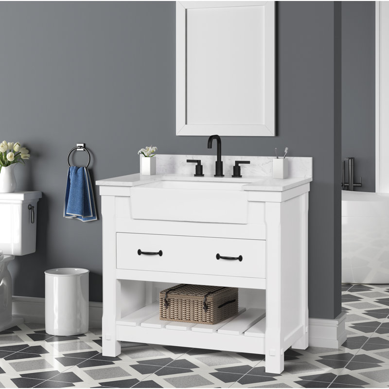Meuble-lavabo simple 36 po avec comptoir en pierre d'ingénierie, lavabo et dosseret Dilkhush, blanc tourterelle, pré-assemblé