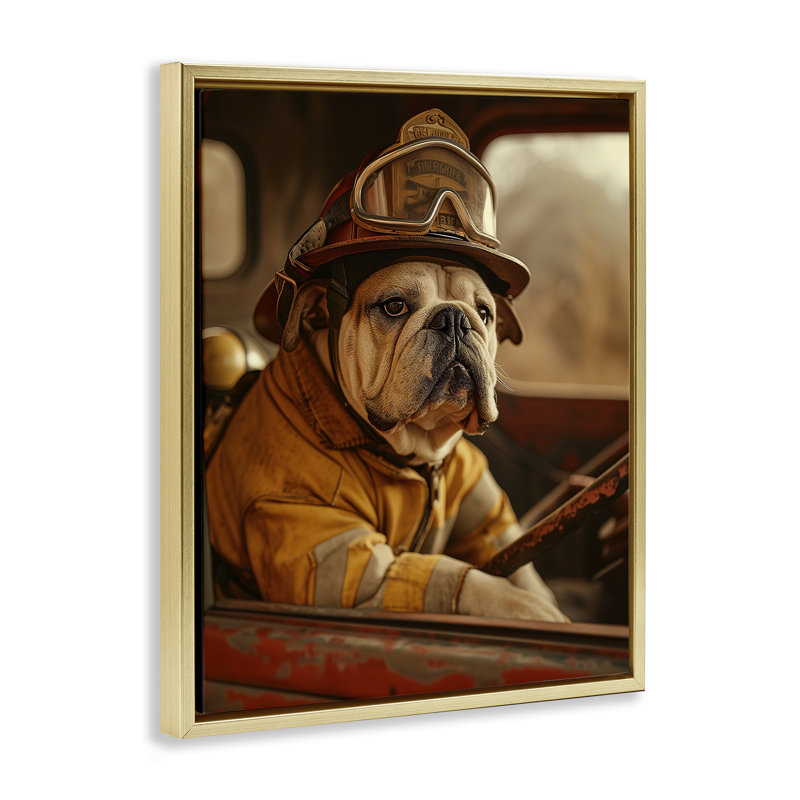 «Rustic Bulldog Fireman», art mural encadré flottant noir par Ray Heere, Cadre flottant métallique doré, H 21 po x l 17 po