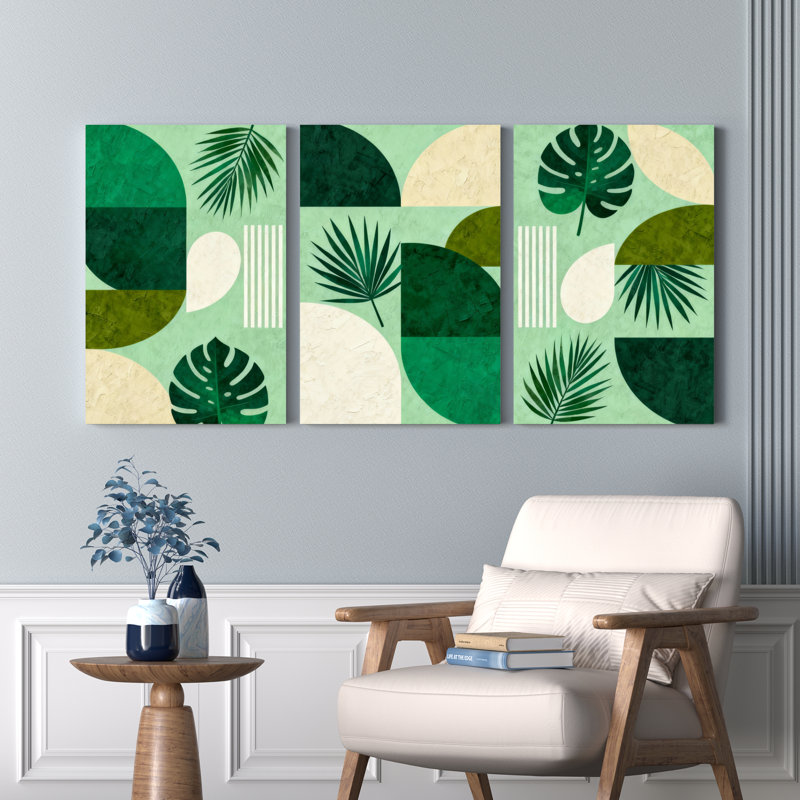 Feuilles tropicales et formes géométriques abstraites, art moderne bohème (ensemble de 3), H 18 po x l 36 po