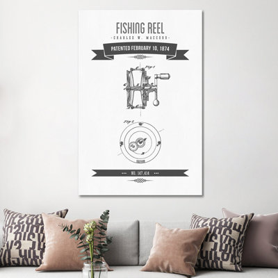 Charles W. MacCord Fishing Reel Patent Sketch Retro (Charcoal) by Aged Pixel - Wrapped Canvas Gallery-Wrapped Canvas Giclée