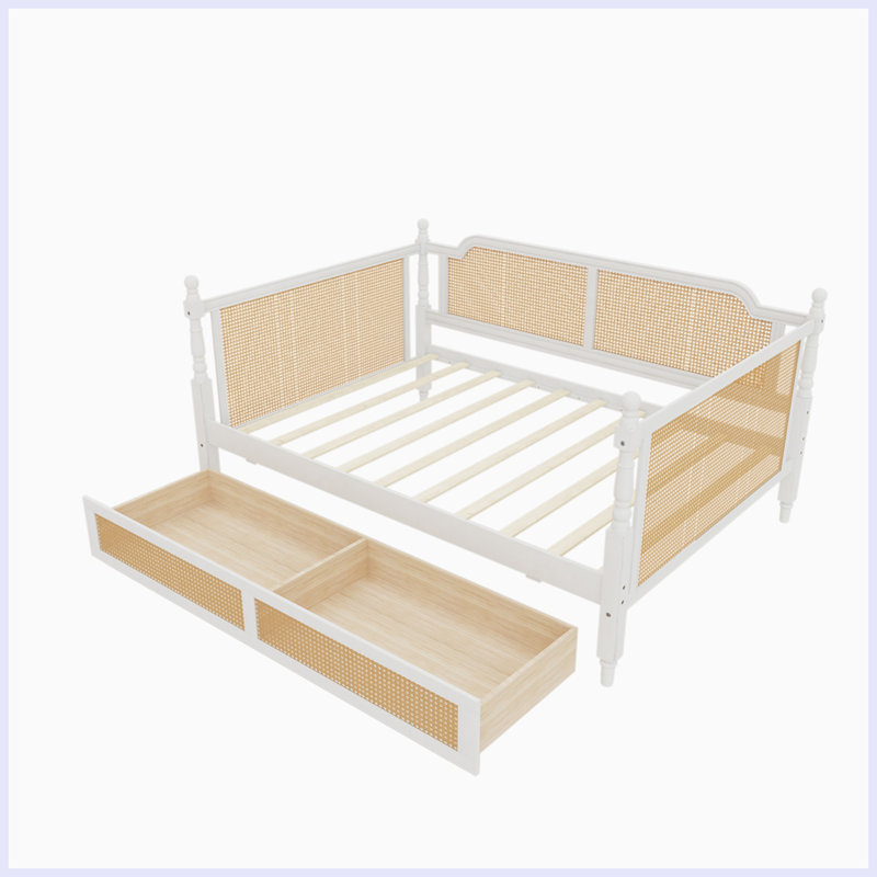 Traditional Style Rattan Daybed with 2 Drawers, Antique White, Full