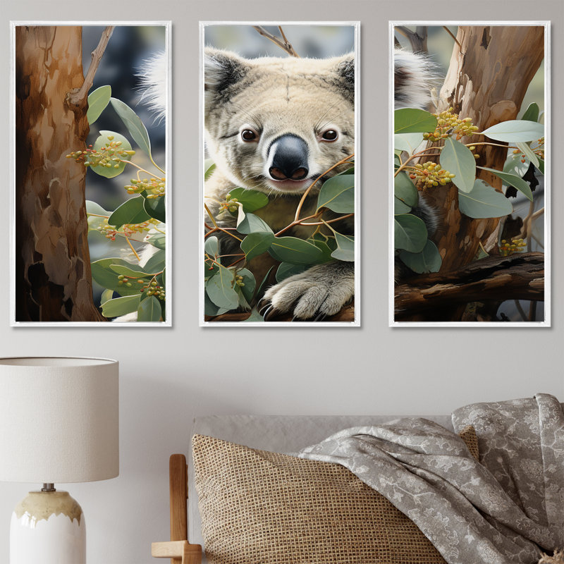 Aquarelle, arbre koala, observateur 2 - art mural koala, H 28 po x l 36 po, Cadre flottant blanc