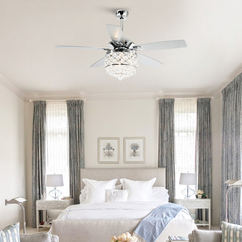52" Torrie 5 - Blade Crystal Ceiling Fan with Remote Control and Light Kit Included, Chrome