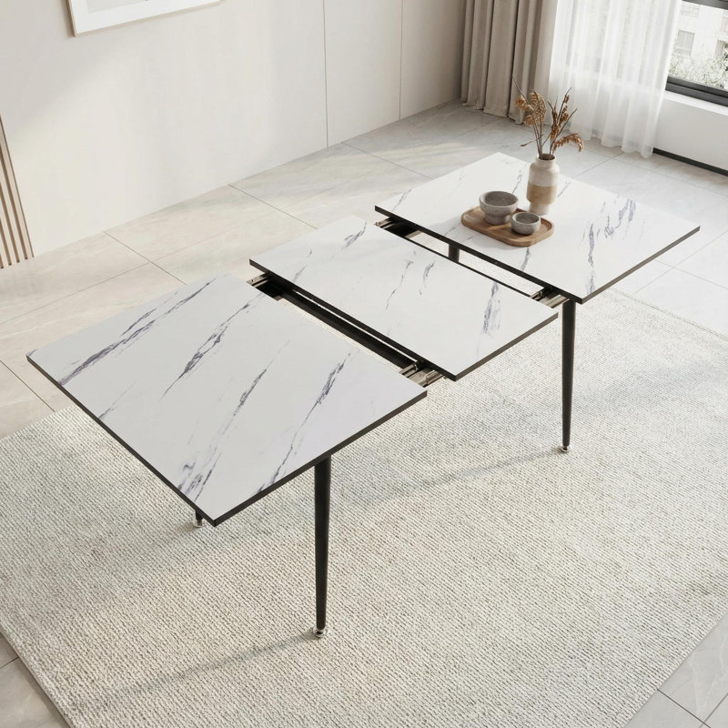 Expandable 47"–63" White Marble Mdf Dining Table With Black Metal Legs