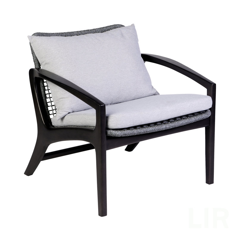 Chaise d'extérieur en bois d'eucalyptus foncé et corde grise avec coussins blancs Liora, chaise