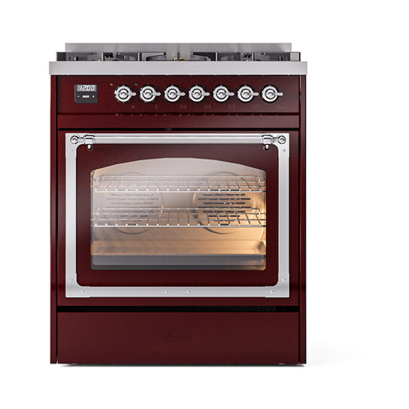 ILVE Nostalgie II Noblesse 30 in Dual Fuel Range, Liquid Propane, Burgundy/Chrome