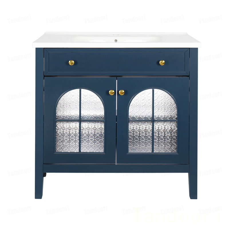 Meuble-lavabo de salle de bain avec verre à motif et bande lumineuse à capteur de mouvement, meuble-lavabo autoportant Farmhouse avec rangement, meuble-lavabo haut de gamme pour salle de bain