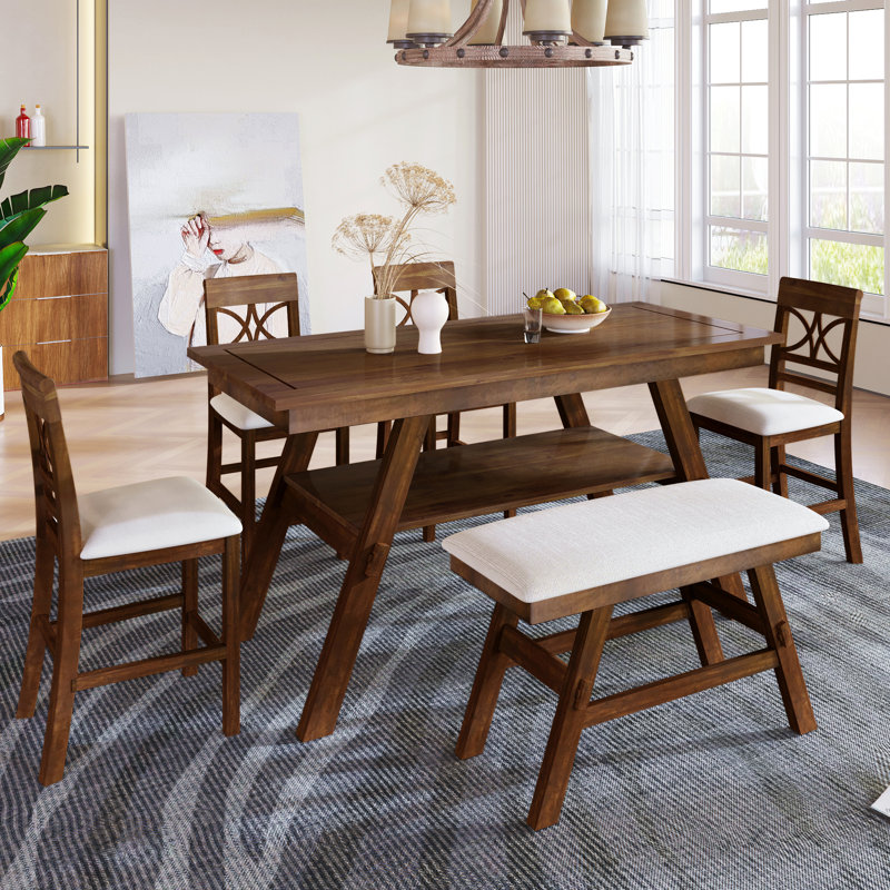 6-Piece Wood Counter Height Dining Table Set With Storage Shelf, Kitchen Table Set With Bench And 4 Chairs, Brown