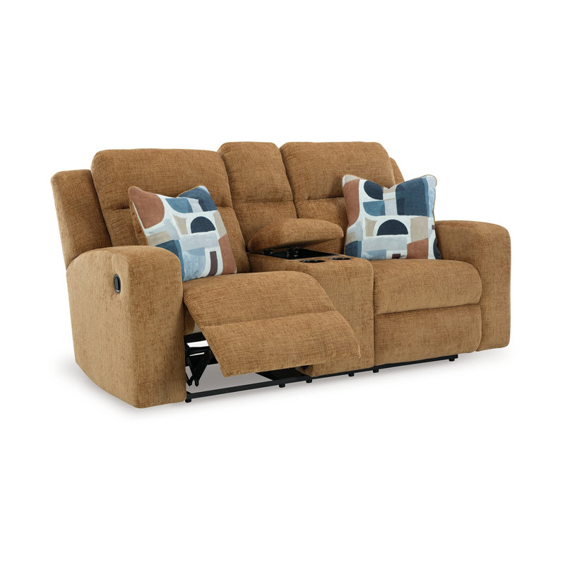 Causeuse double inclinable Damon, polyester brun chameau, 2 coussins