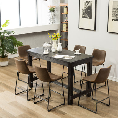 Industrial Counter Height Dining Set, Weathered Wood Table & PU Leather Chairs, Metal Frame