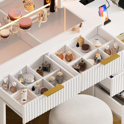 Table de coiffeuse de maquillage, conception à panneau cannelé, luminosité réglable, tiroirs, rangement ouvert, lumières réglables pour chambre de femme blanche, 11 dessus en verre, tabouret rembourré, femmes