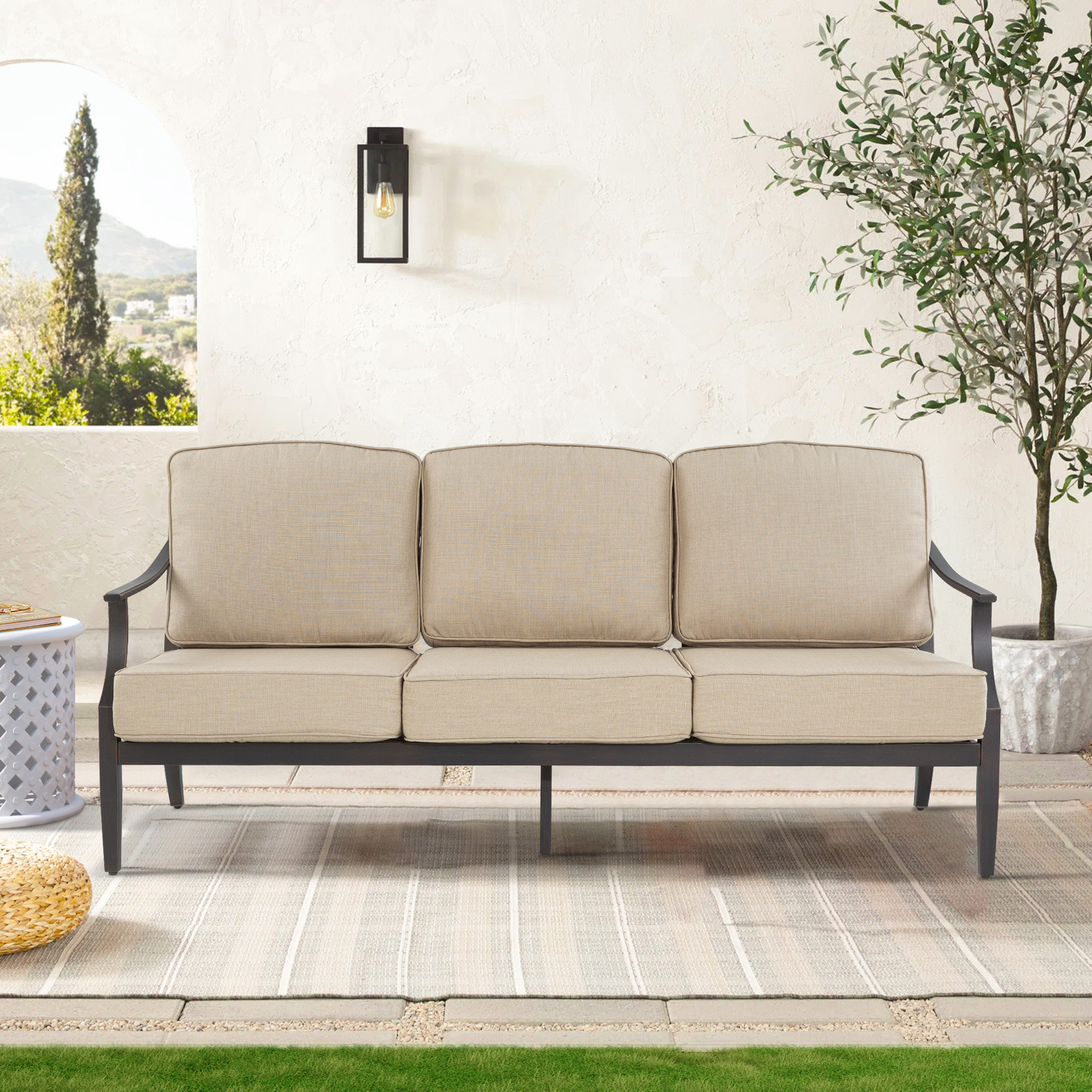 Tamarin Outdoor Aluminum Sofa & Club Chairs Seating Set With Sunbrella® Cushions