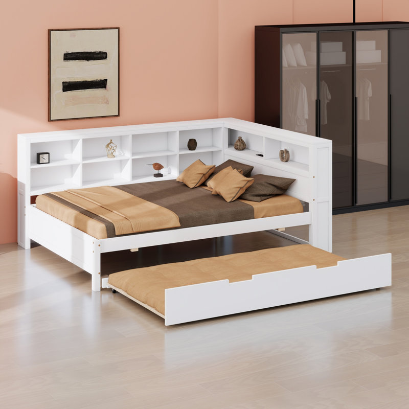 Daybed Including Trundle, Storage Shelf and USB Ports, Multi-Functional Design for Apartments, White
