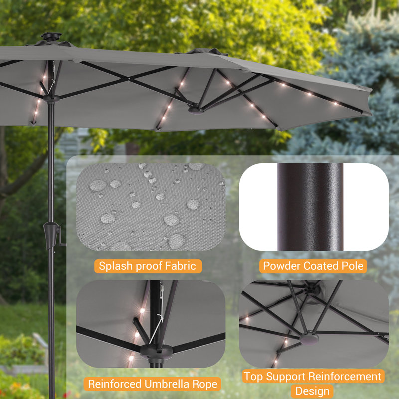 LED Large Double-Sided Rectangular Outdoor Patio Market Umbrella, 7'7" H x 13' W x 7' D, Grey