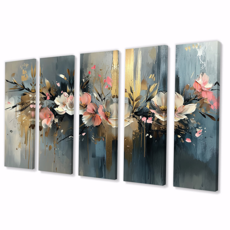 «Mistic Symphony Of Abstract Fuschia Flowers III» - Art mural fuchsia - Art mural traditionnel sur toile, H 32 po x l 80 po