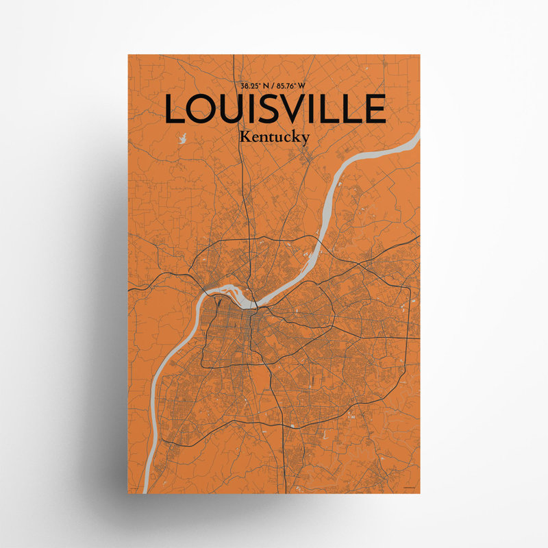 «Louisville City Map», impression, H 36 po x l 24 po, Orange / gris