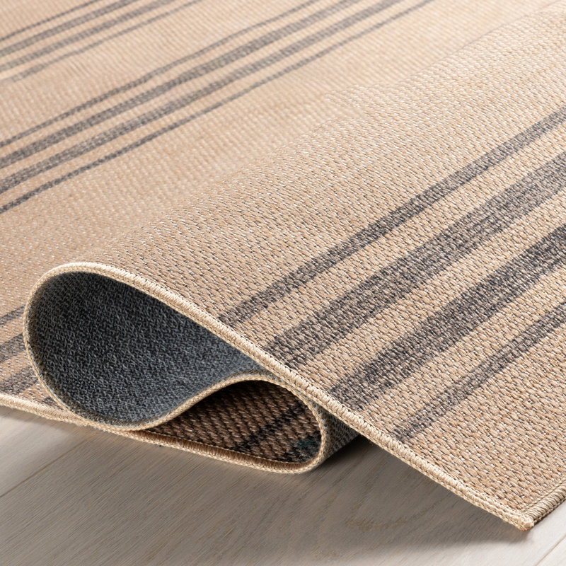 Natural Beige and Brown Striped Synthetic 9' x 12' Washable Area Rug