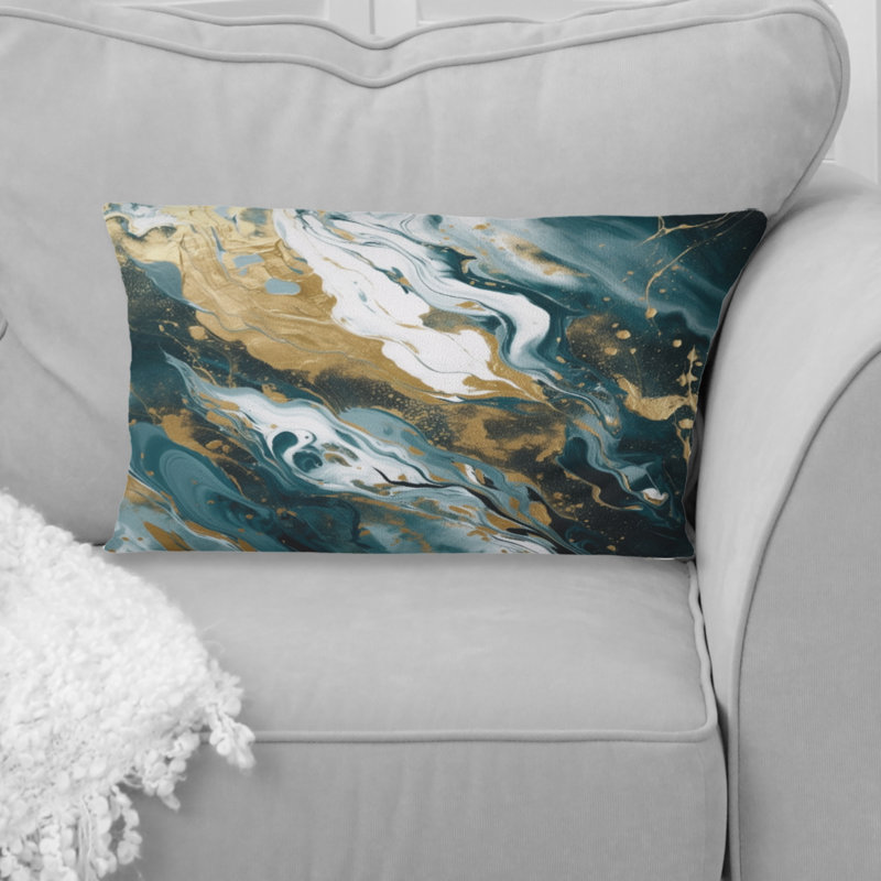 Blue and Gold Serene Cascade - Coussin décoratif imprimé abstrait