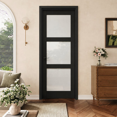 30" x 80" 3-Lite Black Prehung Door, Frosted Glass Interior Prehung Door with Black Hinges, Privacy Glass Door Slab with Black Frame, Sound-Dampening & Waterproof, Suit For Laundry, Bathroom, Kitchen, Closet Doors, Room Doors, Right Hand