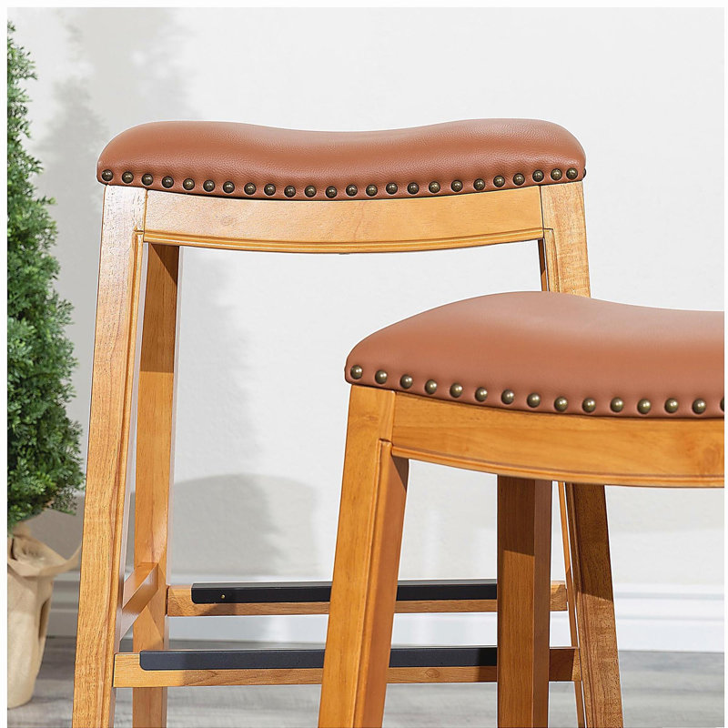 Tabouret de 30 pouces, revêtement en cuir naturel, Brun, Naturel