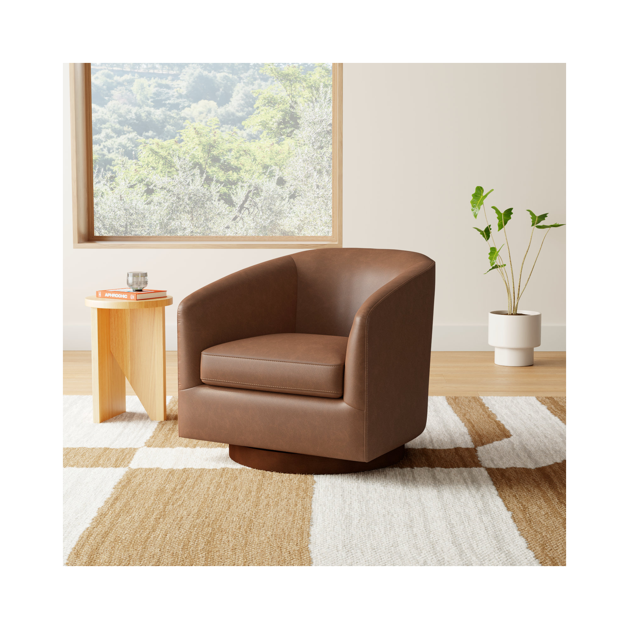 Bennett Vegan  Leather Swivel Barrel Chair, Brown Performance Vegan Leather