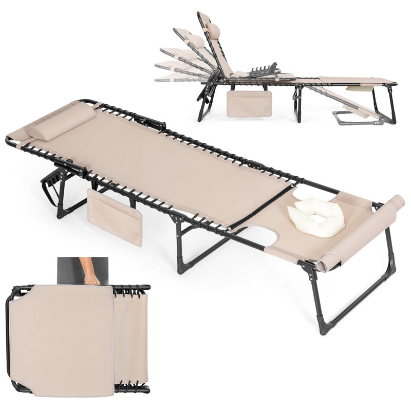 Outdoor Adjustable Textilene Lounge Chair Folding Tanning Chair with Pillow, Tan