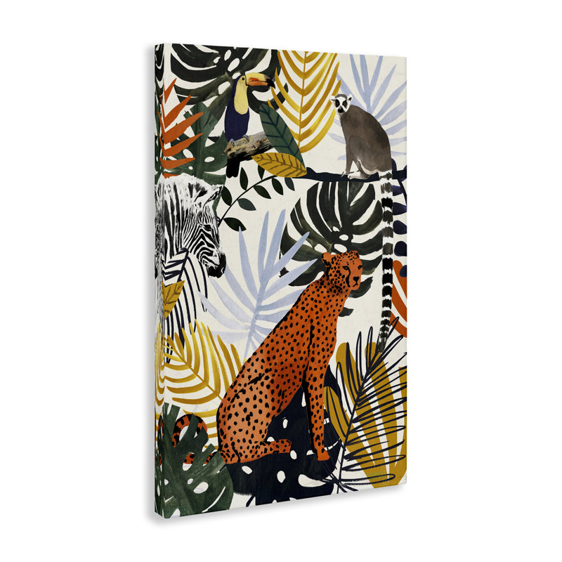 Art mural sur toile Jungle Animals with Tropical Fronds, design par Victoria Borges, H 24 po x l 16 po