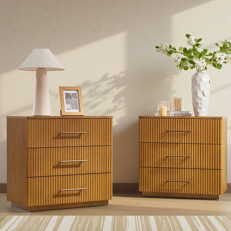 Kaybri 26''W Modern 3-Drawer Fully Assembled Fluted Nightstand with Solid Wood and Charging Station, Teak