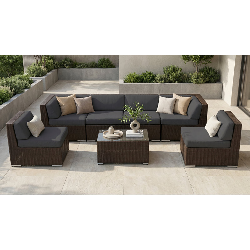 Barneveld Wicker 6 - Person Seating Group with Cushions - No Assembly, Coal Sunbrella® Canvas, Dark Brown