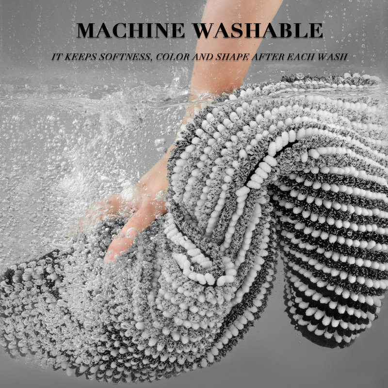 Slip‑Resistant Fluffy Water‑Absorbing Washable Bath Mats, 20" x 47" Plus 20" x 32", Black