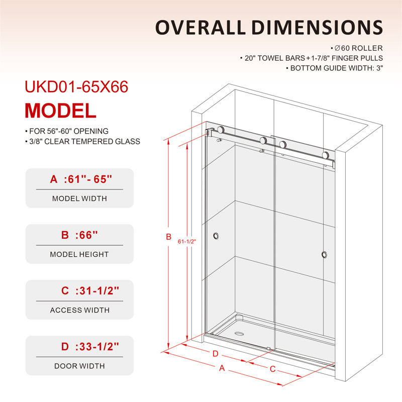 Royal 61 to 65 in. x 66 in. H Frameless  Double Sliding Shower Door with Two Finger Pulls in Matte Black and 3/8 in. (10mm) Clear Glass