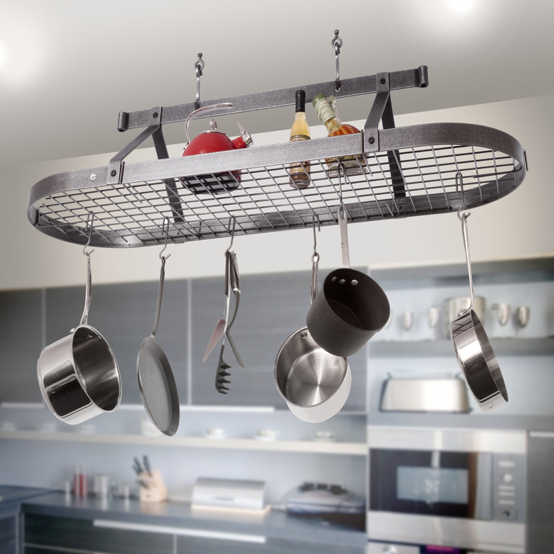 Premier USA Handcrafted Gourmet 3 ft Classic Oval Hanging Pot Rack, 22" H x 48" W x 17" D, Hammered Steel