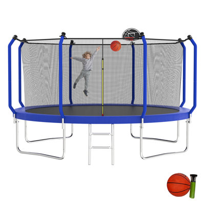 12 FT Recreational Trampoline for Kids with Basketball Hoop & Toddler & Ladder and Enclosure Net