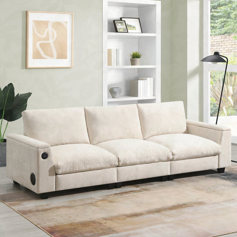 Chenille Sectional Sofa with Bluetooth Speaker,Comfy Cloud Couch Set with Drop Down Table,Cup Holders,USB Charger,Storage Armrest,Wide Seat Sofa for Living Room,Apartment,Office
