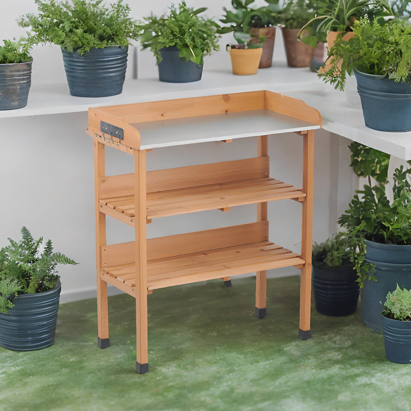 Table de rempotage 30 po x 14,5 po x 35,5 po avec plateau en métal, banc de travail extérieur à 3 couches avec crochet pour le jardin, poste de travail en bois massif pour le garage