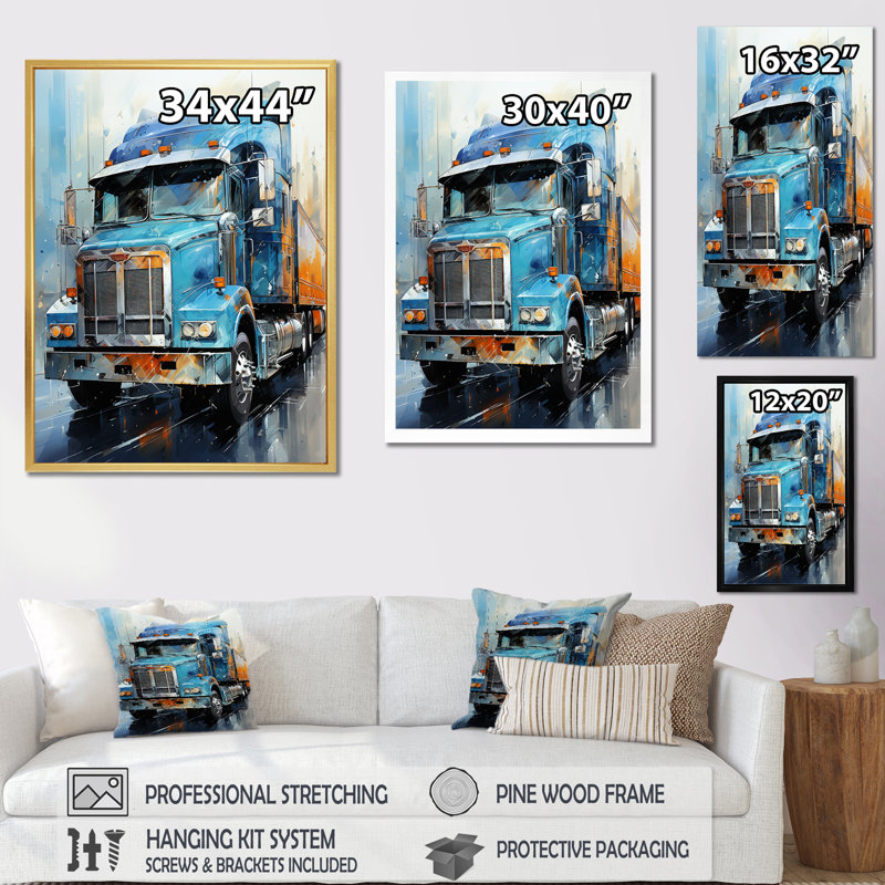 «Blue 53Ft Truck Harmony», reproduction sur toile encadrée, Cadre flottant doré, H 40 po x l 30 po x P 1,5 po