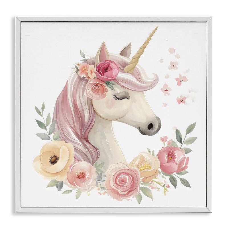 Licorne avec couronne florale, estampe numérique, design by Creative Studio, Giclée encadrée blanc bord de mer