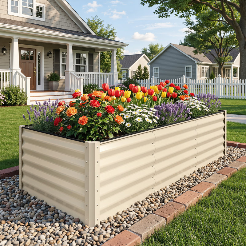 Large Galvanized Raised Garden Bed Kit With Gloves, Cream, 36'' H x 72'' W x 36'' D