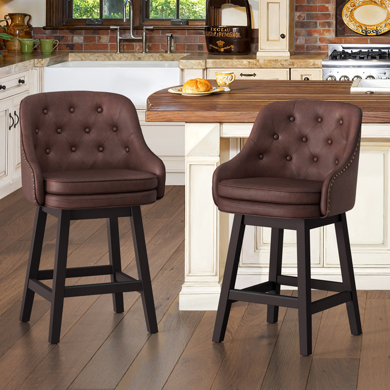 Chela Upholstered Button-Tufted Barstool with Solid Wood Frame, Reddish Brown Seat/Espresso Frame