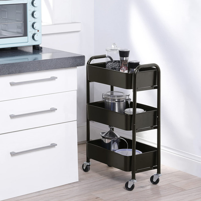 3-Tier Under Desk Mobile Utility Cart with Metal Storage Organizer, Black