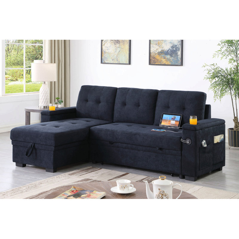 Lna 84 Inch Sectional Sofa, Pull Out Bed, Storage Chaise, USB, Dark Gray Woven Fabric