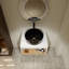 Meuble-lavabo flottant avec lavabo vasque noir veiné blanc et tablette ouverte-129374061