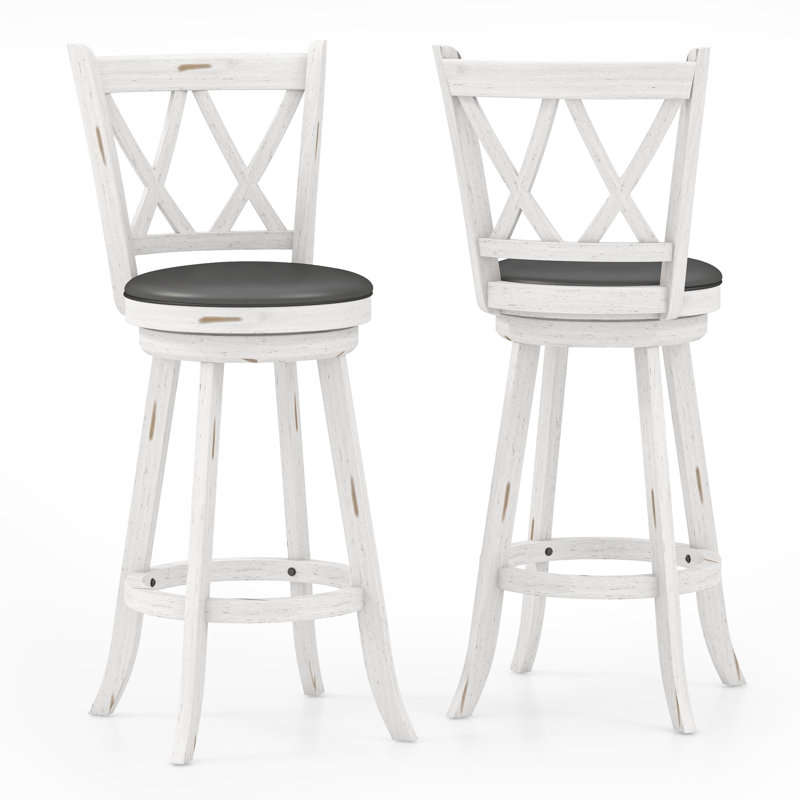White and Gray Wood Swivel Bar Stools with Upholstered Seat