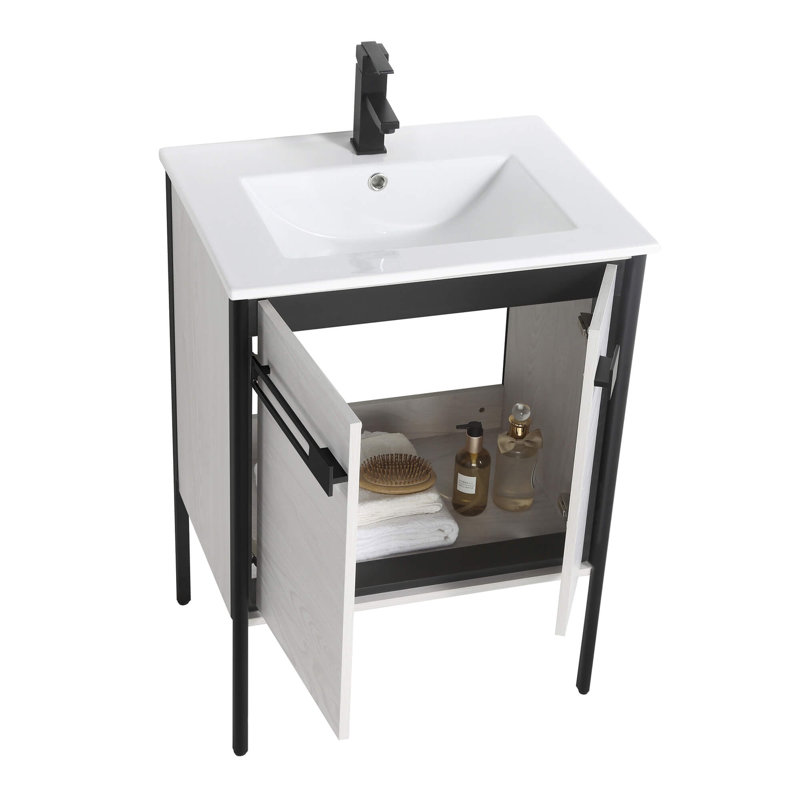 Meuble-lavabo simple 24 po, Noir mat, Chêne gris doux