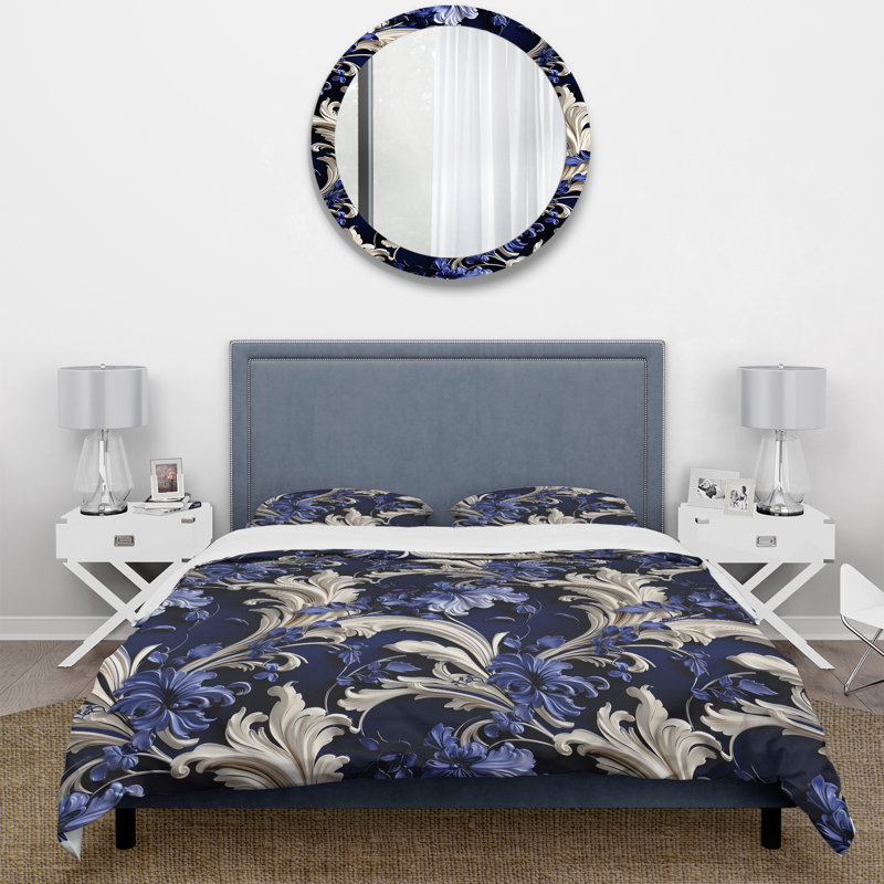 Ensemble de housse de couette Cobalt Blue Baroque Scrolls Victorian, Housse de couette pour très grand lit et 2 très