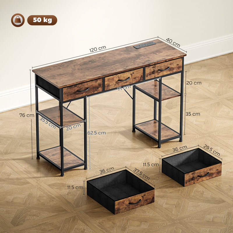 Metal Base Computer Desk with Power Outlet, Brown, Brown