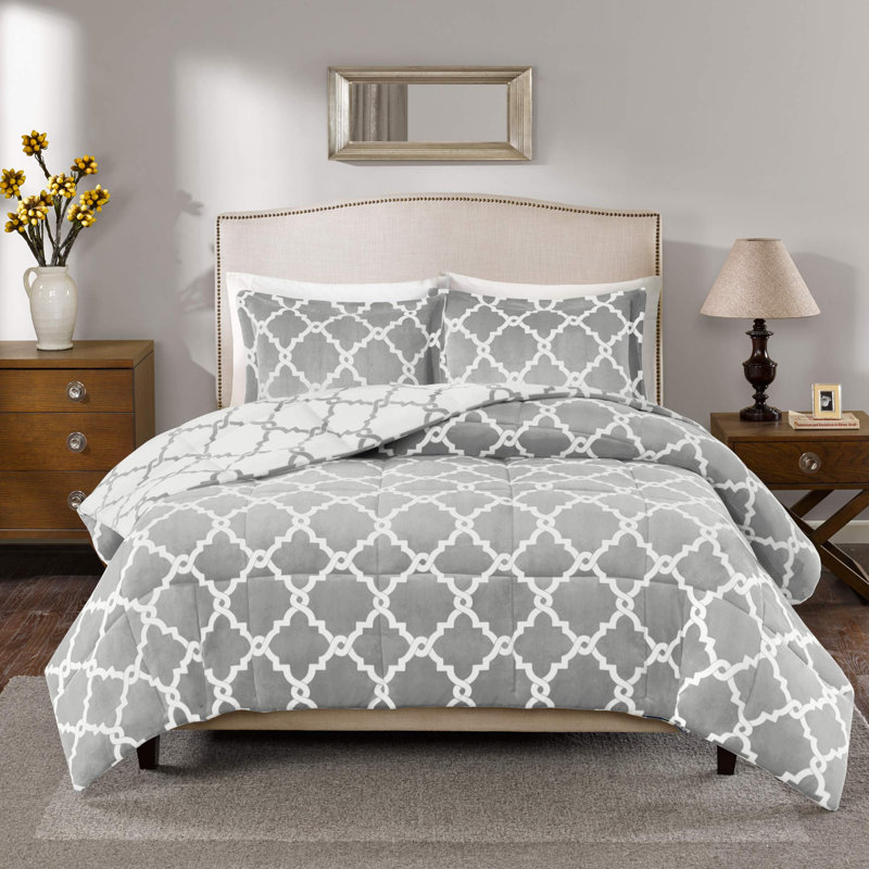 Peyton Reversible Plush Comforter Mini Set, King Comforter + 3 Additional Pieces, Gray
